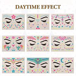 9 Sheets 9 Style Creative Fluorescent Face Tattoo Paper Stickers, Body Stickers Glow UV Neon Temporary Tattoos for Women Festival DIY Makeup Party Props, Rectangle, Mixed Patterns, 15x10.5x0.03cm, 1 sheet/style