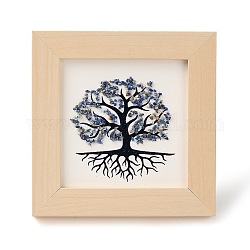 Support de cadre photo en copeaux de lapis-lazuli naturel arbre de vie, avec cadre carré en bois, Cadre photo arbre d'argent feng shui, décoration de bureau à domicile, 66x130x120mm, diamètre intérieur: 90x90 mm
