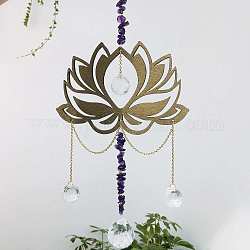 Lotus Flower Pendant Decorations, Hanging Sun Catchers, with Natural Amethyst Chips and Crystal Teardrop Glass, Coffee, 330mm
