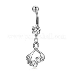 Piercing Jewelry, Brass Cubic Zirciona Navel Ring, Belly Rings, with 304 Stainless Steel Bar, Lead Free & Cadmium Free, Clear, 47mm, Pendant: 25x15mm, Bar: 14 Gauge(1.6mm), Bar Length: 3/8