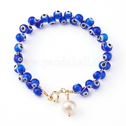 Bracelets en nacre naturelle avec breloque, avec des perles faites à la main au chalumeau et une boîte en carton, ronde, or, bleu, 7-1/2 pouce (19 cm)