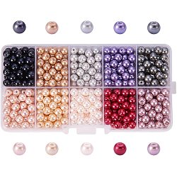 Cuentas de perlas de vidrio redondas perladas ecológicas de 10 color, teñido, color mezclado, 6mm, agujero: 1.2~1.5 mm, acerca 60pcs / compartimento, 600 unidades / caja