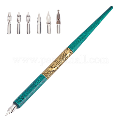 ステンレス鋼のつけペン  木製ペンスティック＆6種類のステンレスペン先付き  ティール  ペン：183x10mm  ステンレス鋼のペン先：17~39x6.5~8x2~5mm  6pc