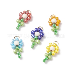 Glass Seed Beaded Pendants, with Synthetic Turquoise Beads and Nylon Wire, Flower, Mixed Color, 16~17x10x4.2mm, Hole: 1.5x3mm