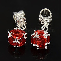 Alloy European Dangle Charms, with Rhinestone, Round, Silver Metal Color, Light Siam, 26x10mm, Hole: 5mm