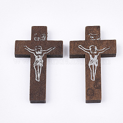 Pendentifs en bois imprimées, crucifix croix, pour Pâques, teinte, brun coco, 41.5~42.5x23.5~24.5x4.5mm, Trou: 2mm