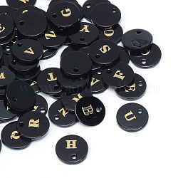 Süßwasserschale Anhänger / charms, mit goldfarbenen, gemischten Buchstaben, gefärbt, Flachrund, Schwarz, zufällige gemischte Buchstaben, 11x1.5 mm, Bohrung: 1.5 mm