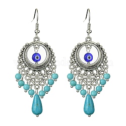 Boucles d'oreilles pendantes en résine contre le mauvais œil et en perles turquoise synthétiques, Boucles d'oreilles lustre en alliage de style tibétain avec épingles en laiton, 64x24.5mm