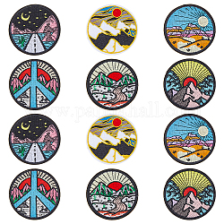 HOBBIESAY 12Pcs 6 Style Mountain Theme Flat Round Patches, Computerized Embroidery Cloth Iron on Patches, Costume Accessories, Mixed Patterns, 61x1.8mm, 2pcs/style