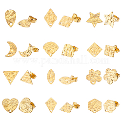 PandaHall Elite 24Pcs 12 Style 304 Stainless Steel Stud Earring Findings, with Hole, Textured Mixed Shape, Golden, 10~12x6~12mm, Hole: 1mm, Pin: 0.7~0.8mm, 2pcs/style