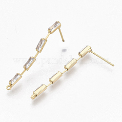 Brass Clear Cubic Zirconia Stud Earring Findings, for Half Drilled Beads, with Loop, Nickel Free, Real 18K Gold Plated, Rectangle, Real 18K Gold Plated, 32.5x2mm, Hole: 1.2mm, Pin: 0.7mm