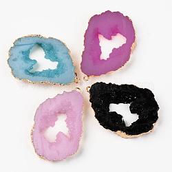 Druzy Resin Big Pendants, Imitation Geode Druzy Agate Slices, with Edge Light Gold Plated Iron Loops, Nuggets, Mixed Color, 51x36~37x7~8mm, Hole: 1.8mm