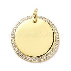 Brass Micro Pave Clear Cubic Zirconia Pendants, with Jump Ring, Stamping Blank Tag, Long-Lasting Plated, Flat Round, Real 18K Gold Plated, 20x2mm, Jump Ring: 6x1mm, 4mm Inner Diameter