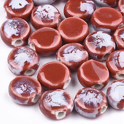 Abalorios de porcelana hechas a mano, fantasía antigua porcelana esmaltada, plano y redondo, rojo, 10~11x10.5~11x5~5.5mm, agujero: 1.5~2 mm