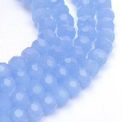 Abalorios de vidrio de jade de imitación, facetado (32 facetas) redondo, azul aciano, 8mm, agujero: 1 mm, aproximamente 72 pcs / cadena, 21.2 pulgada