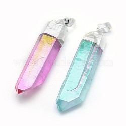 Pendentifs pointus en cristal de quartz naturel à facettes, avec accessoires en laiton, de couleur plaquée ab , balle, couleur argentée, couleur mixte, 42~49x10~13x8~11mm, Trou: 5x8mm