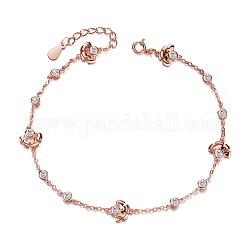 Shegrace tendance 925 bracelets de cheville en argent sterling avec zircone cubique, fleur et plat rond, or rose, 7-7/8 pouce (200 mm)