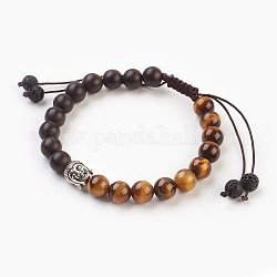 Bracelets tressés en oeil de tigre naturel, bracelet en nylon avec nœud carré, avec des perles en bois de santal naturel et des perles en alliage de style tibétain, tête de bouddha, 2-1/4 pouce (5.7 cm) ~ 3-1/2 pouces (8.9 cm)