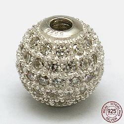 Runde 925 Sterling Silber Perlen, mit Mikro ebnen Zirkonia, Silber, 6 mm, Bohrung: 1 mm