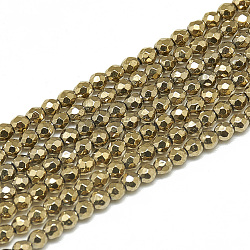 Electroplate Synthetic Hematite Beads Strands, Faceted, Round, Non-magnetic Hematite, Gold, 2~2.5mm, Hole: 0.3mm, about 189pcs/strand, 15.4 inch