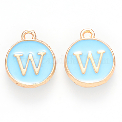 Golden Plated Alloy Enamel Charms, Cadmium Free & Lead Free, Enamelled Sequins, Flat Round with Letter, Sky Blue, Letter.W, 14x12x2mm, Hole: 1.5mm