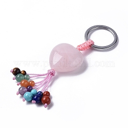 Coeur de quartz rose naturel avec porte-clés pompon de pierres précieuses mélangées, avec 304 fermoir anneau en acier inoxydable, 8.5~9 cm