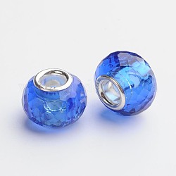 Perles européennes avec gros trou en verre à 128 facettes, avec 925 sterling coeur argent, rondelle, bleu, 13x9.5mm, Trou: 4.5mm