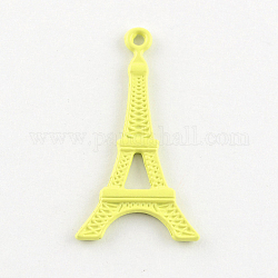 Lovely Eiffel Tower Pendants for Necklace Making, Spray Painted Cadmium Free & Lead Free Alloy Pendants, Yellow, 35x19x2mm, Hole: 2mm