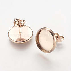 Ion Plating(IP) 304 Stainless Steel Stud Earrings Settings, Flat Round, Rose Gold, Tray: 12mm, 13x14mm, Pin: 0.9mm