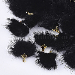 Decorazioni pendenti con nappine in pelliccia di visone sintetico, con accessori in lega, oro antico, nero, 20~30x28~30mm, Foro: 1.8 mm
