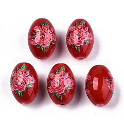 Bedruckte und sprühlackierte opake Glasperlen, oval mit Blumenmuster, rot, 15x10 mm, Bohrung: 1.6 mm