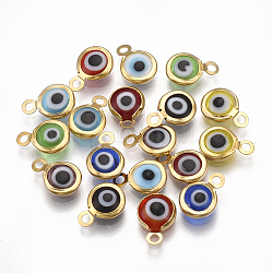 Handmade Lampwork Charms, with 304 Stainless Steel Findings, Flat Round with Evil Eye, Mixed Color, 9.5x6.5x2.5mm, Hole: 1.5mm
