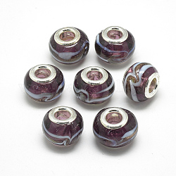 Perline murano europeo fatto a mano, con ottone in platino doppio core, perline con foro grande, rondelle, porpora, 13~15x10mm, Foro: 5 mm