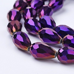 Abalorios de vidrio electroplate hebras, facetados, lágrima, púrpura chapado, 15x10mm, agujero: 1 mm, aproximamente 50 pcs / cadena, 27.1 pulgada