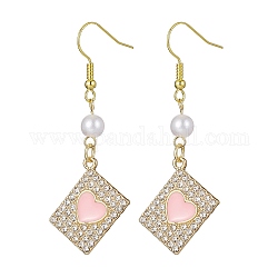 Alloy Crystal Rhinestone Rectangle with Heart Dangle Earrings, Imitated Pearl Acrylic Beaded Drop Earrings with Enamel, Pink, 47~55x18mm