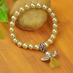 Bracelets d'ange belle avec robe de mariée pour les enfants, bracelets carnaval extensibles, avec verre perles de nacre et de perles de style tibétain, champagne jaune, 45mm