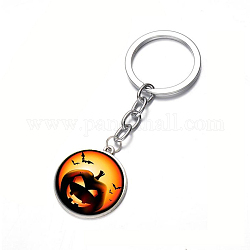 Legierung Schlüsselbund, mit Glas, flache runde mit halloween, Platin Farbe, 80x25 mm