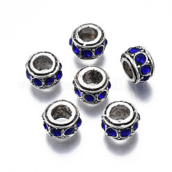 Perles européennes en alliage avec strass, perles de pierre de naissance de septembre, Perles avec un grand trou   , sans cadmium et sans plomb, faire la fabrication de bijoux de bracelet européen, argent antique, rondelle, bleu capri, 11x6.5mm, Trou: 5mm