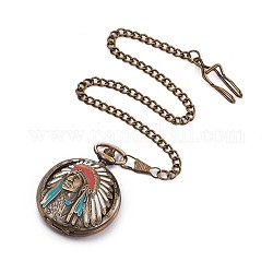 Montres de poche à quartz en émail allié, avec des chaînes de fer, plat rond avec des indiens, bronze antique, 16.5 pouce (42 cm)