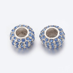 Alloy European Beads, Large Hole Beads, with Glass Rhinestone, No Metal Core, Rondelle, Silver, Blue, about 14.5mm in diameter, 9mm thick, hole: 6mm