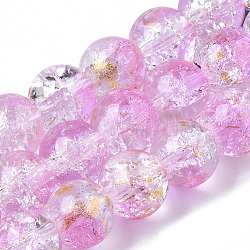 Hebras de cuentas de vidrio craquelado pintadas con spray transparente, con la hoja de oro, redondo, rosa perla, 10~11mm, agujero: 1.4~1.6 mm, aproximamente 39~42 pcs / cadena, 14.84 pulgada ~ 15.27 pulgadas (37.7~38.8 cm)