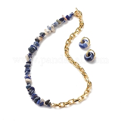 Set di gioielli con perline di sodalite naturale, collana di perline di pietre preziose e orecchini a cerchio huggie da donna, oro chiaro, 16.73 pollice (42.5 cm), 20mm, ago :1mm