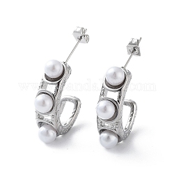 304 Stainless Steel Stud Earrings, Half Hoop Earrings with Plastic Pearl, Stainless Steel Color, 21.5x7mm