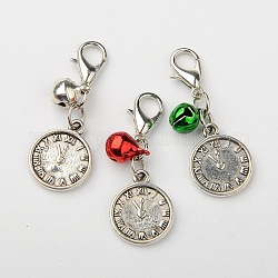 Tibetan Style Alloy Clock Pendants, with Brass Bells and Alloy Lobster Claw Clasps, Pltinum and Antique Silver Metal Color, Mixed Color, 35mm