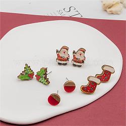4 paio di orecchini a bottone in legno stampato con foglie di agrifoglio e Babbo Natale, orecchino piatto rotondo in legno e resina, colore misto, 14~17x10~14mm