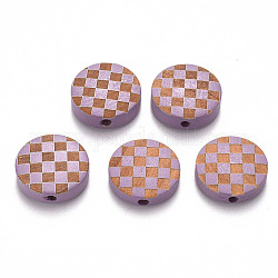 Perles de bois naturel peintes, motif gravé au laser, rond plat avec motif de grille, support violet, 15x5mm, Trou: 1.8mm