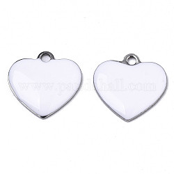 201 Stainless Steel Enamel Charms, Heart, Stainless Steel Color, White, 13x13x2mm, Hole: 1.5mm