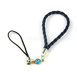 Handmade Lampwork Mobile Straps, with PU Leather Cord, Evil Eye Lampwork Links, Marine Blue, 130mm