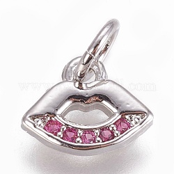 Charms in ottone, con zirconi, labbro, rosa intenso, platino, 7.5x9x1.5mm, Foro: 3 mm
