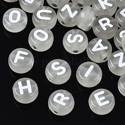 Luminous Transparent Clear Acrylic Beads, Flat Round with Random Letter, White, 6.5x7x3.5mm, Hole: 1.6mm, about 3600~3700pcs/500g